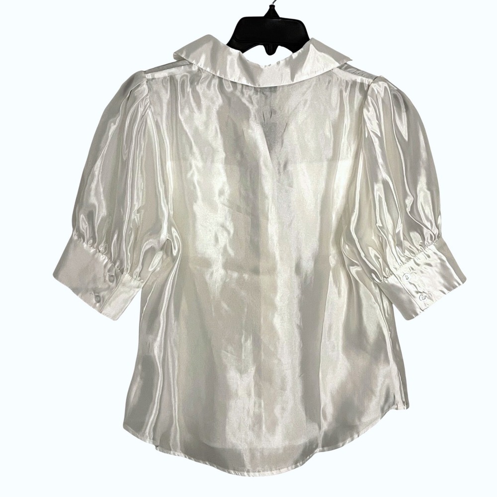 Gracia Satin Button Down Blouse Women Medium White Chic Puff Sleeve Collared Top - Picture 4 of 9